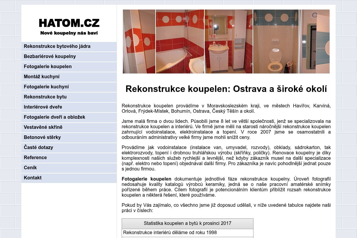 Původní web HATOM — rekonstrukce koupelen, snímek obrazovky